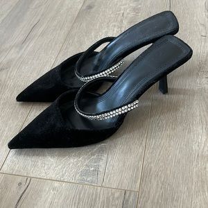 Zara Black Velvet Rhinestone Straps Pointed Toe Stiletto Heel